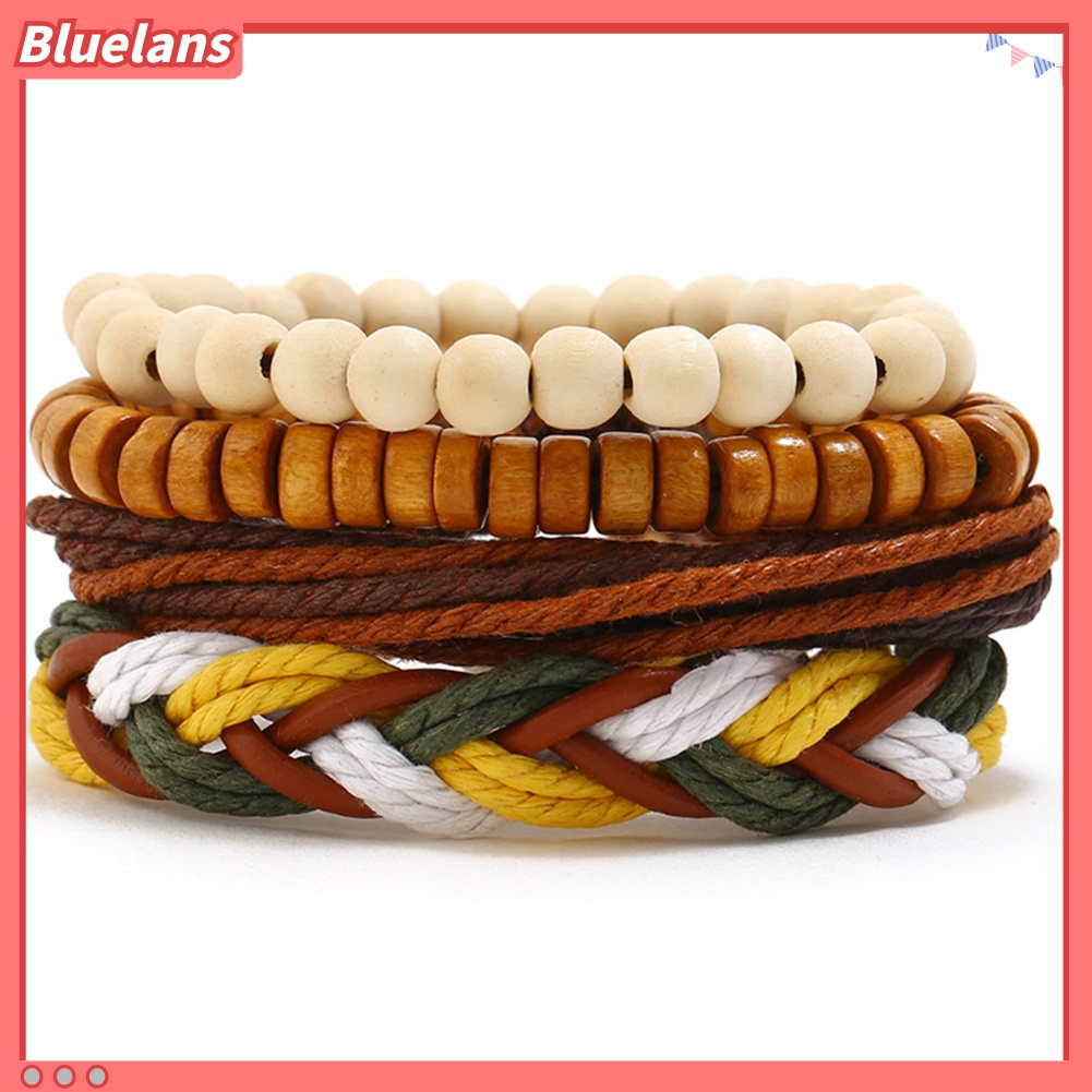 4pcs / Set Gelang Bangle Bahan Kulit Imitasi Hias Manik-Manik Kayu Gaya Vintage Untuk Wanita