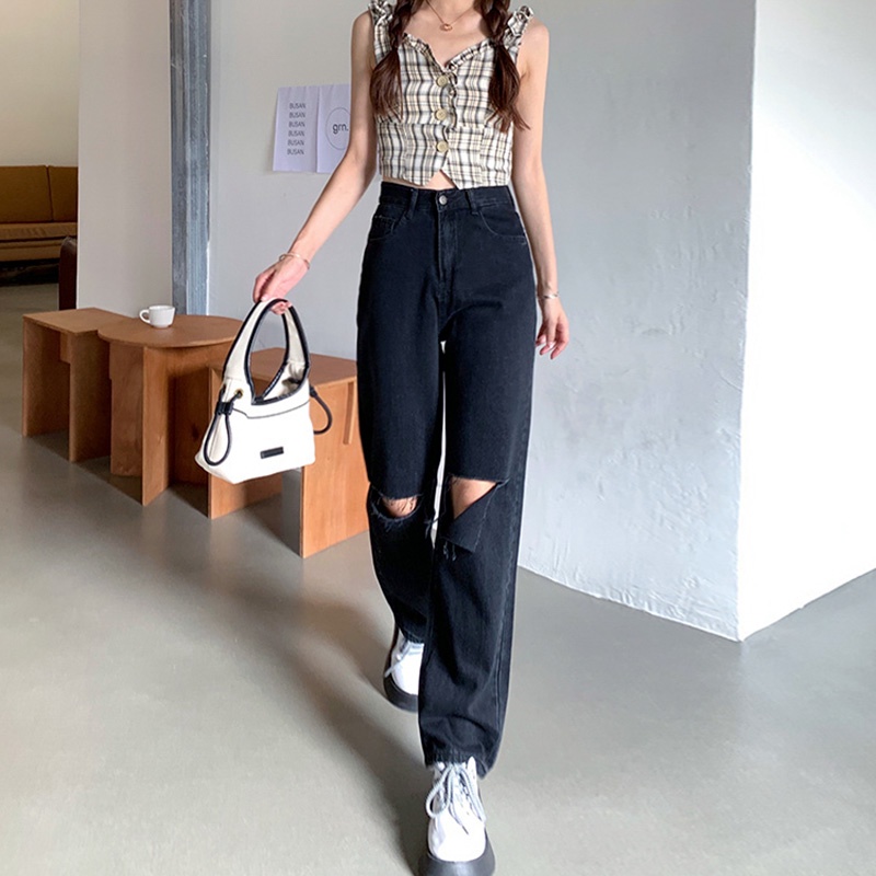Hitam Import Fashion High Waist Robek Celana Jeans Panjang Wanita
