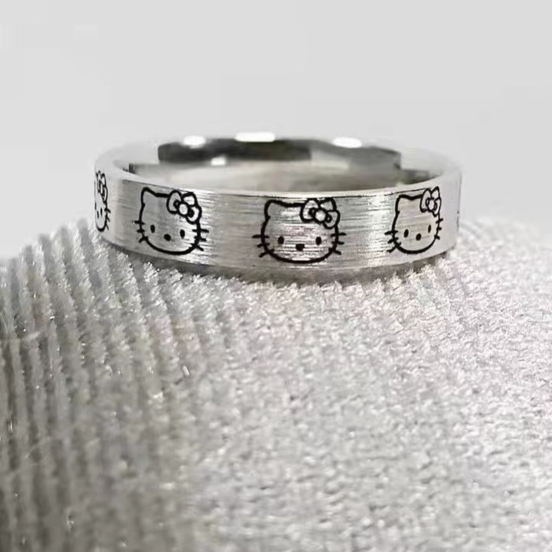 Cincin Pasangan Desain Kartun Hello Kitty Warna Silver Untuk Hadiah Valentine