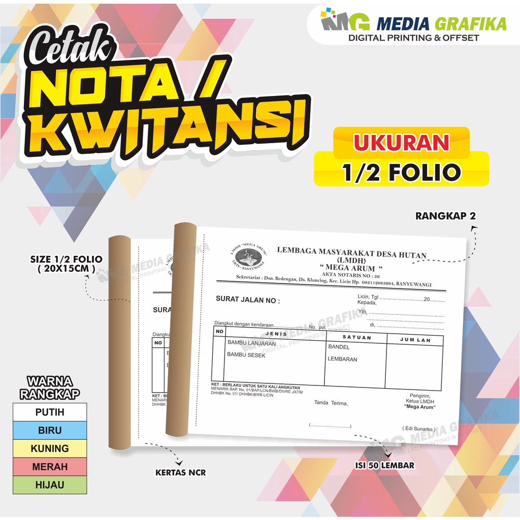 

NOTA 1 RIM, 2 RANGKAP, Porporasi, Nomorator, Ukuran 1/2 Folio