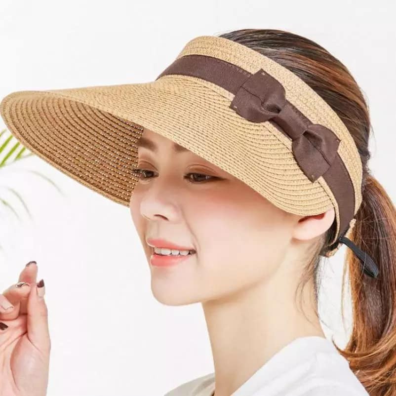 Topi Pantai Wanita Pita Bolong Musim Panas Summerhat Ponytail Straw Fashion Import