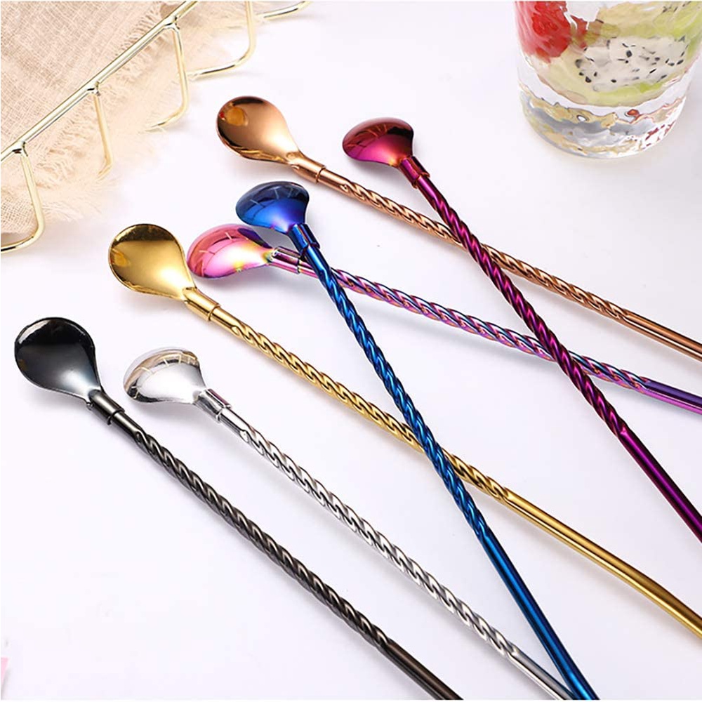 Hot Sale/2In1 Sendok Sedotan Stainless Steel Sendok Pengaduk Minuman Rumah Gagang Panjang Sendok Kopi Dessert Sedotan Ulir Bulat Reusable Straw Tableware