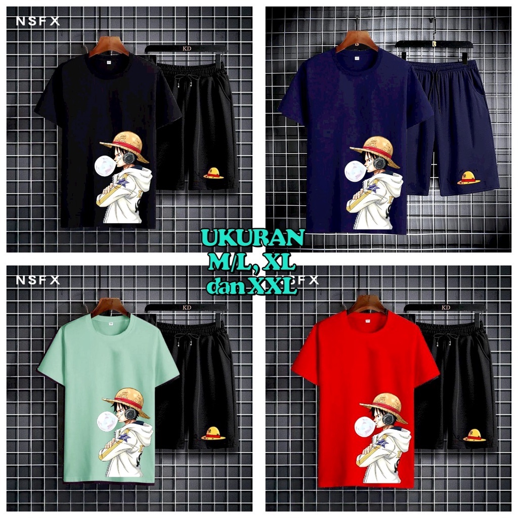 MUKZHOP - STELAN LUFFY PERMEN ONEPIECE / atasan lengan pendek / celana pendek / satu set / fashion pria / terbaru / terlaris