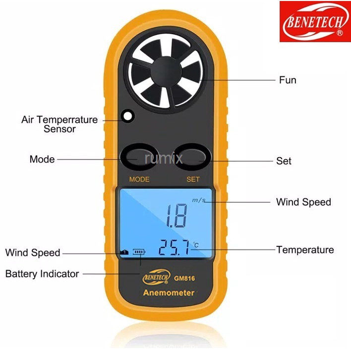 Digital Wind Anemometer GM816 Pengukur Kecepatan Angin GM 816 Tester Velocity Benetech Anemo Meter