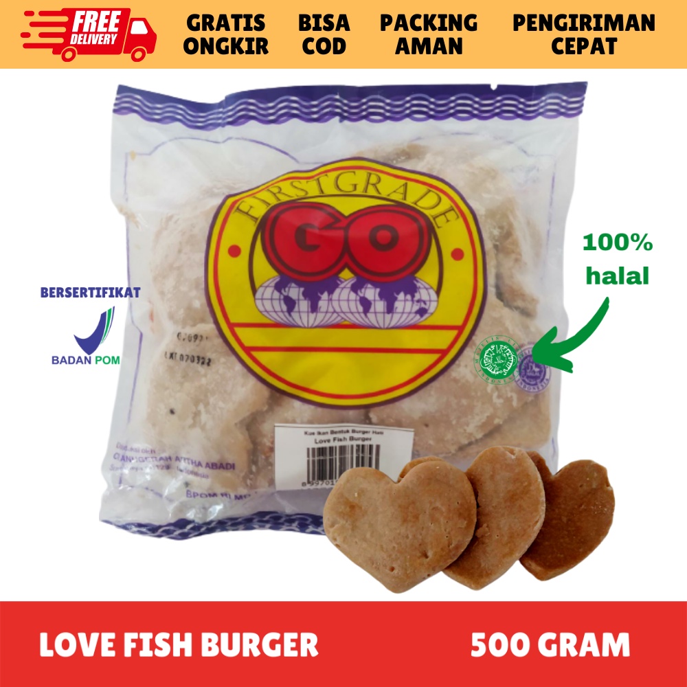 [FROZEN FOOD GO] LOVE BURGER IKAN ISI 30-33 (500GR) MAKANAN INSTAN SOSIS|NUGGET|BAKSO BPOM HALAL