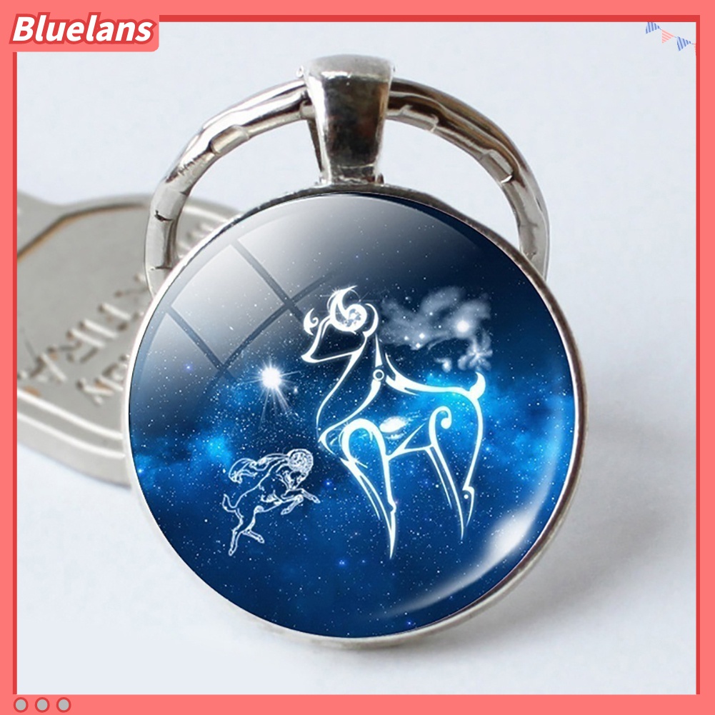 Gantungan Kunci Bentuk Bulat Motif 12 Zodiak Bahan Kaca