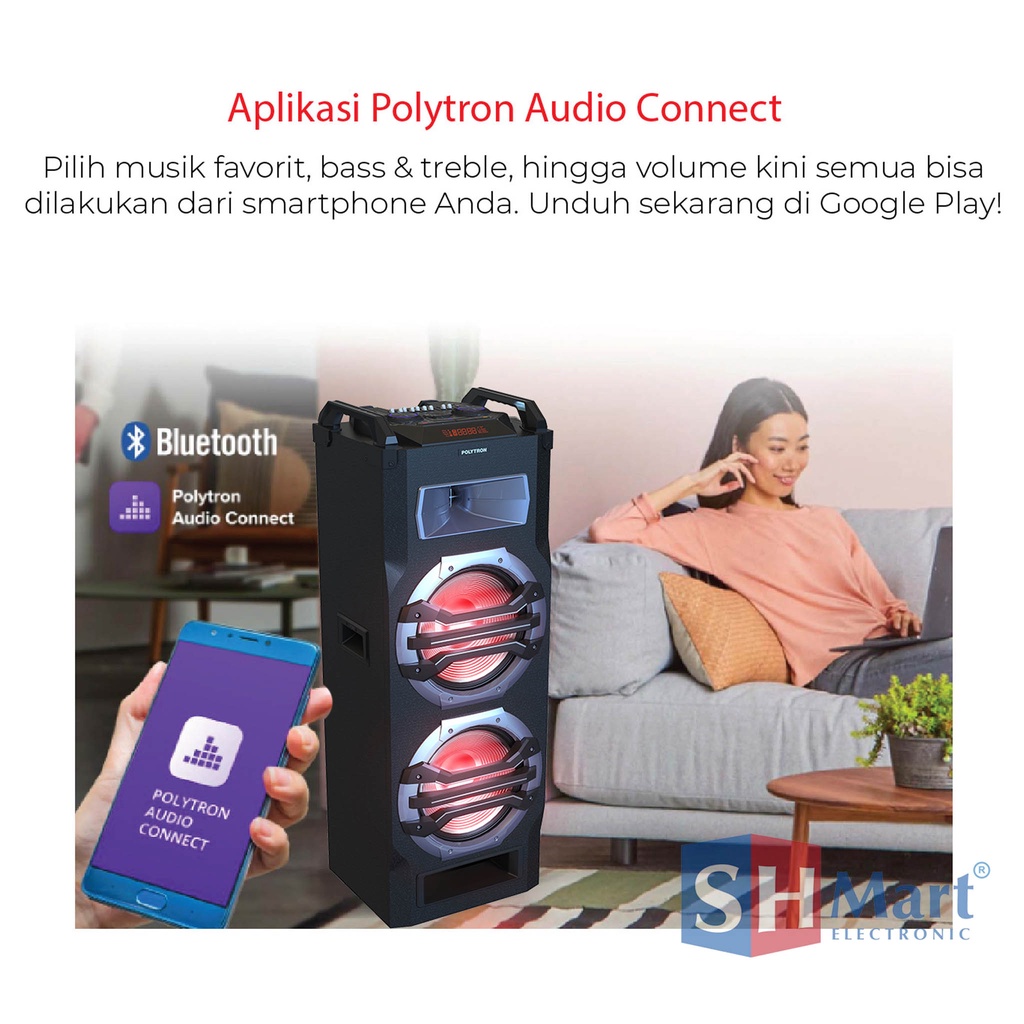 POLYTRON TROLLEY SPEAKER AKTIF PTS12KF25 / PTS12KF25 / 12KF25 BLUETOOTH + 2 PCS MIC WIRELESS WITH RADIO