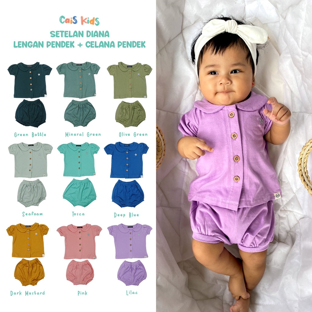 Setelan Diana Baju bayi berkerah setelan lengan pendek celana pendek bahan adem cotton kaos bamboo anti alergi