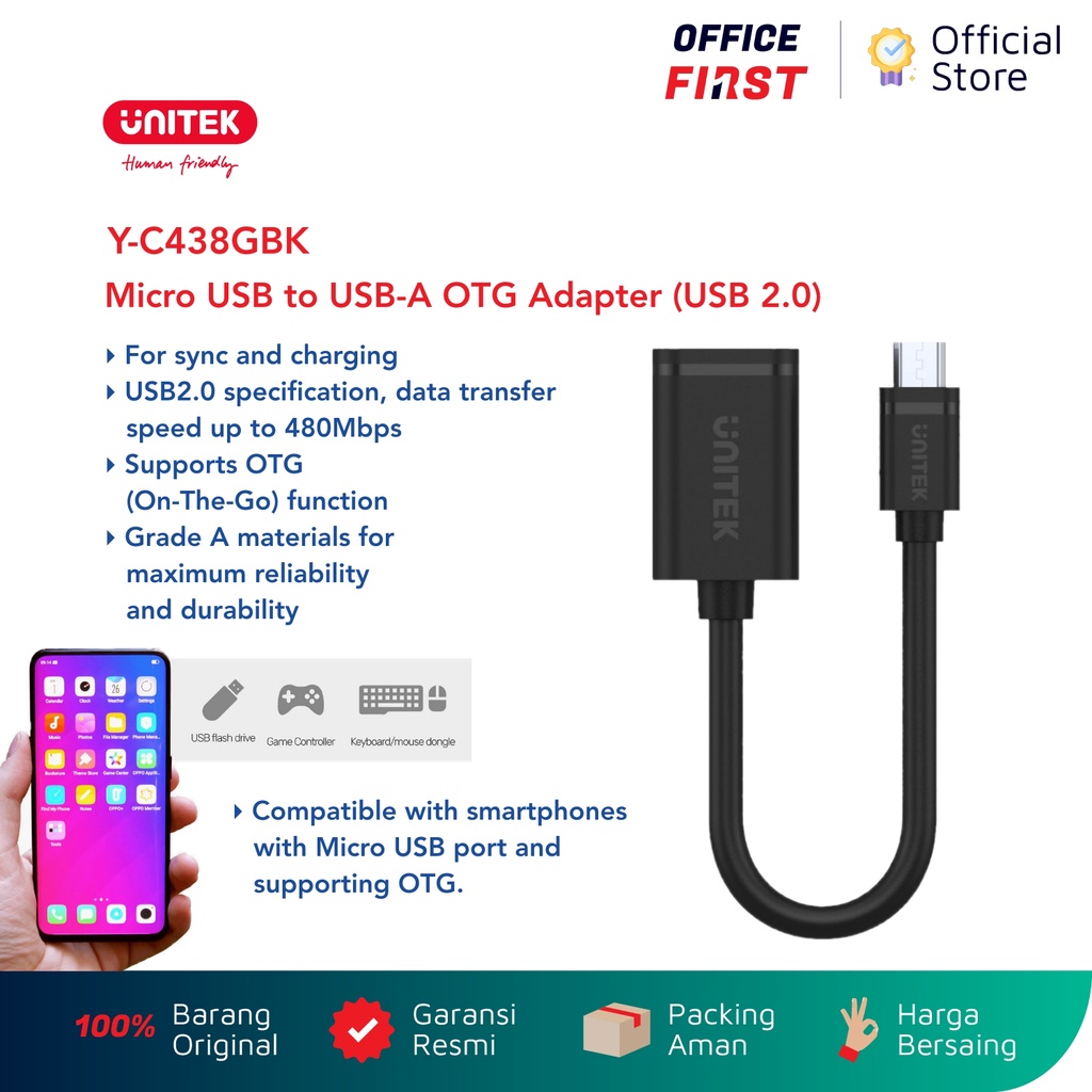 Unitek Y-C438GBK Micro USB to USB A OTG Adapter USB 2.0 YC438GB