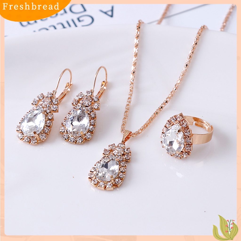 3pcs / Set Kalung Anting Cincin Liontin Water Drop Bahan Alloy Aksen Berlian Imitasi Untuk Wanita