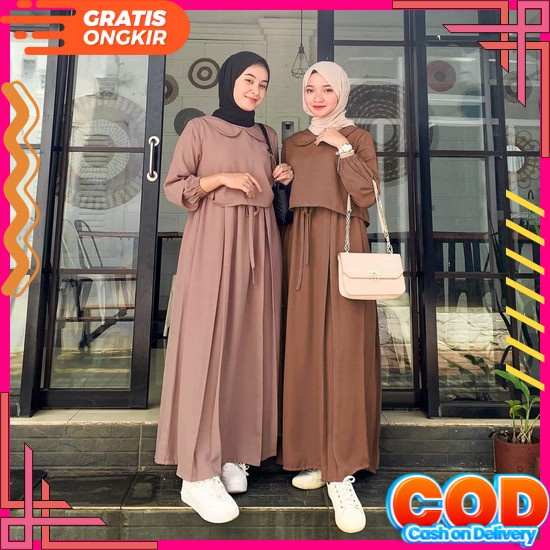 Butik Arisa Aluna Dress Gamis Lengan Balon Ruffle Polos Tali Belakang Samping Kanan Kiri Busui Frien