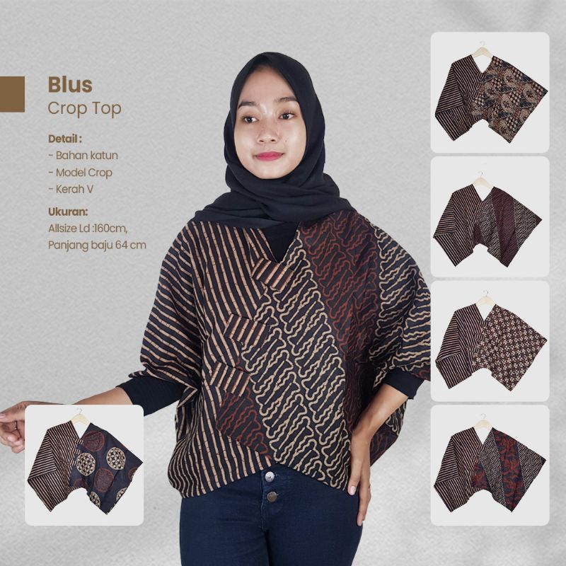 Blus Crop Top Kelelawar Motif Batik Sogan