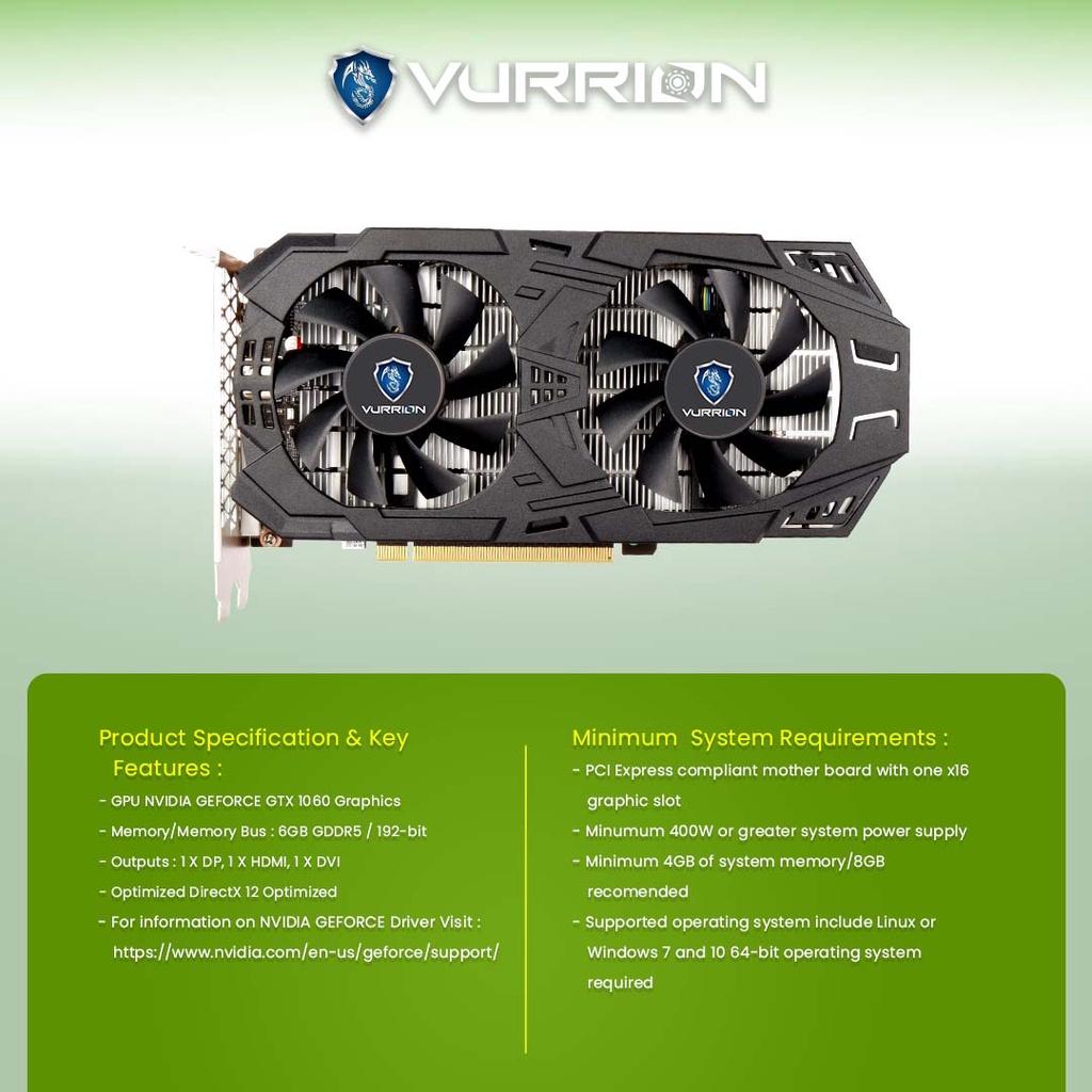 Vga Card GTX 1060 6GB GDDR5 192Bit Vurrion Geforce Nvidia GPU GTX1060 Resmi 2 Tahun