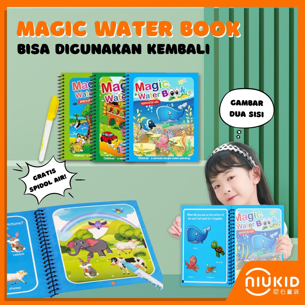 NIUKID MAGIC WATER BOOK MAGIC WATER PEN BUKU GAMBAR MEWARNAI BUKU WARNA MAINAN EDUKASI ANAK