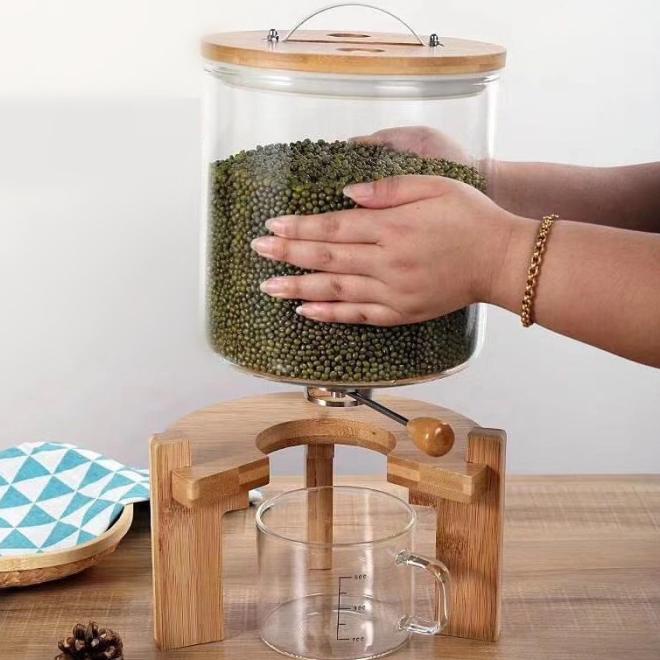 Wooden Rice Dispenser Dispenser Beras Kaca Mewah Korean Style 7L 5L