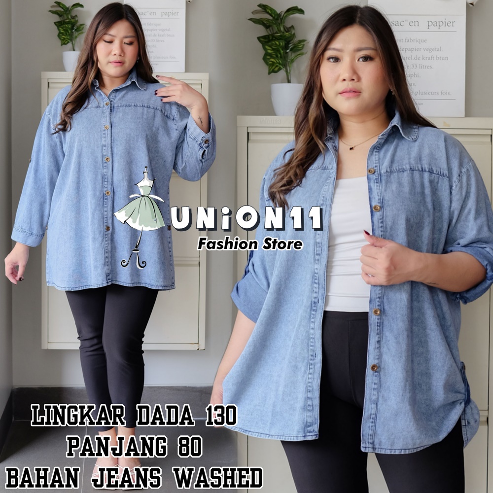 UNION11 - KEMEJA JUMBO WANITA JEANS / KEMEJA JUMBO WANITA BB 100 KG / BLUS WANITA JUMBO / KEMEJA WANITA JUMBO LD 130  / ATASAN WANITA BIG SIZE 4XL / KEMEJA JUMBO WANITA CASUAL / KEMEJA JEANS JUMBO WANITA NATHAN