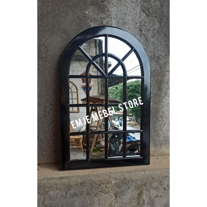 cermin hias jati figura kayu motif jendela dekorasi dinding