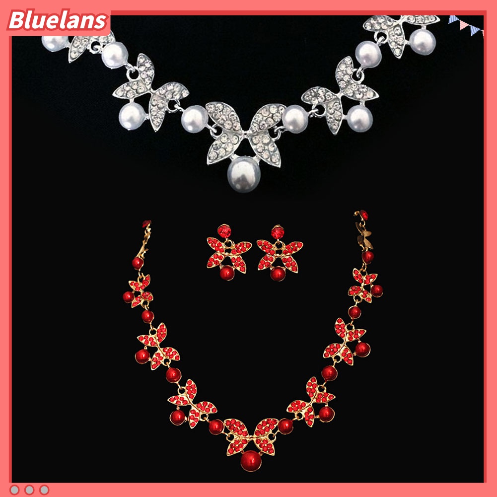 Set Perhiasan Kalung Anting Stud Rantai Mutiara Berlian Imitasi Untuk Pengantin Wanita