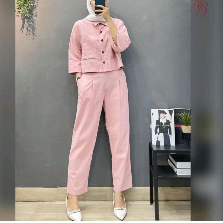 Chekout fazio set top+pants one set setelan wanita linen rami