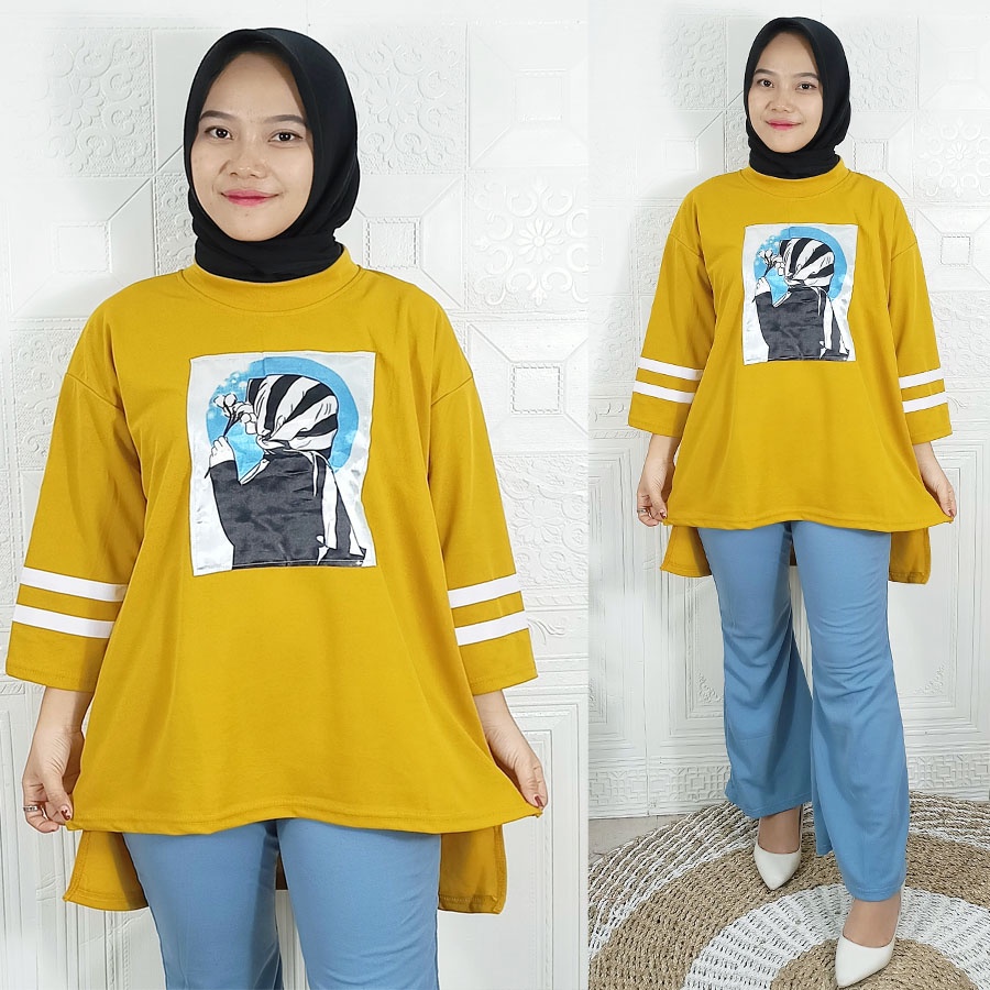 CARLINA SETELAN BASIC WANITA HIJAB ATASAN OVERSIZE DAN CELANA BIRU PANJANG ZUBRAY