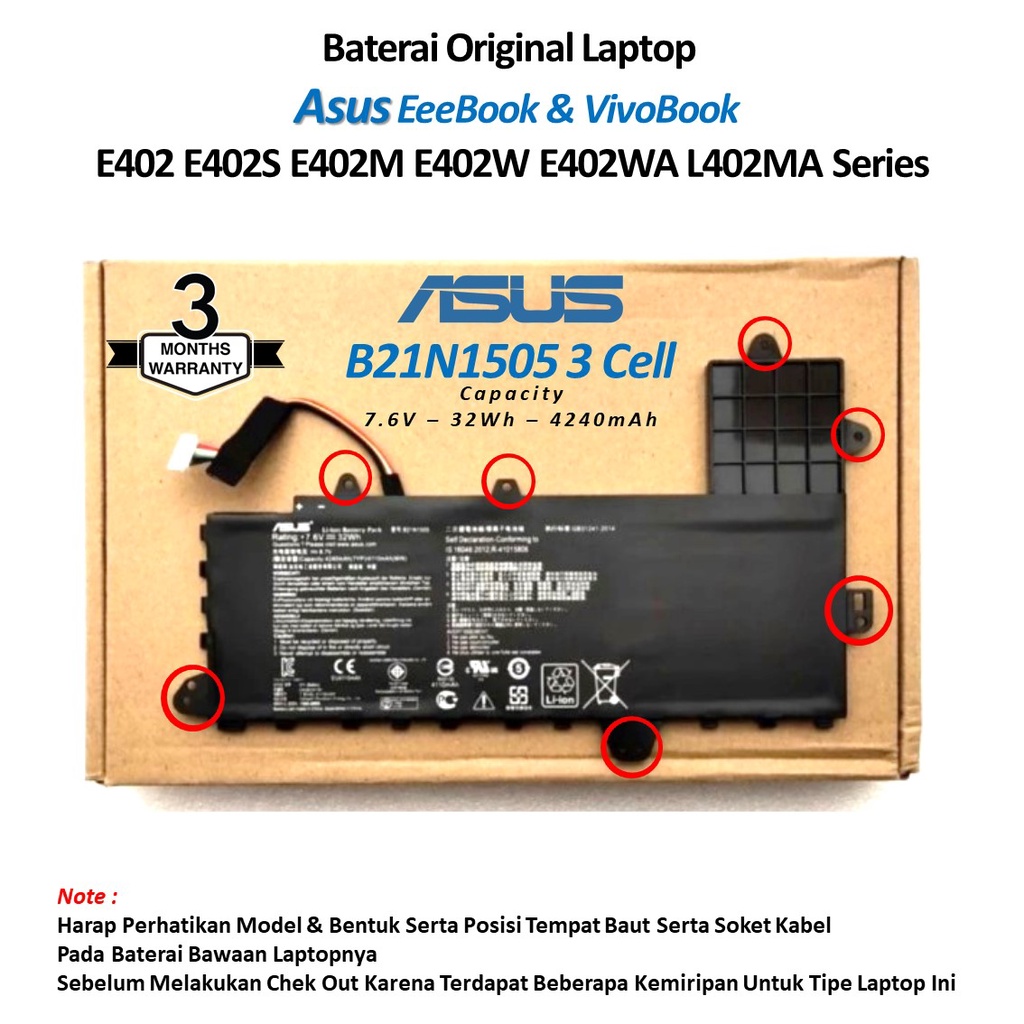 ORIGINAL Baterai Laptop Asus E402 E402S E402M E402W E402WA L402MA Series B21N1505