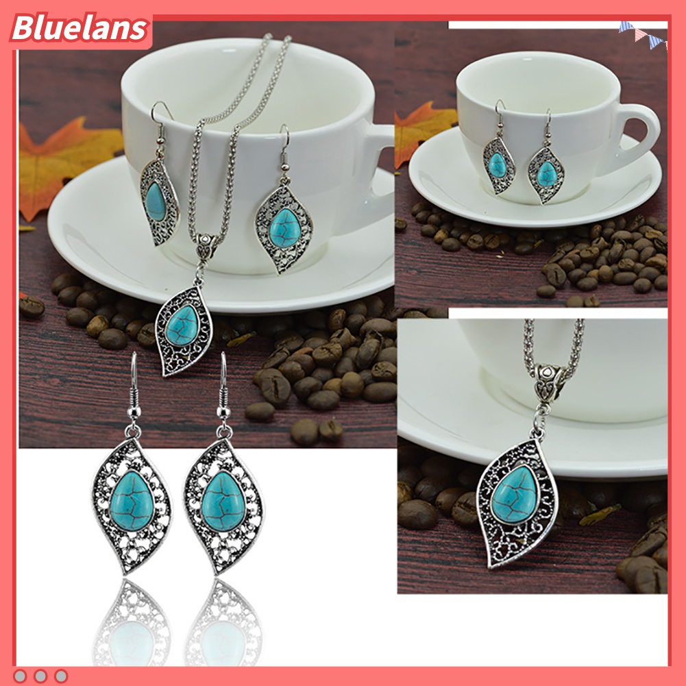 3pcs / Set Anting Liontin Daun Kura-Kura Turquoise Tiruan Gaya Vintage Untuk Wanita