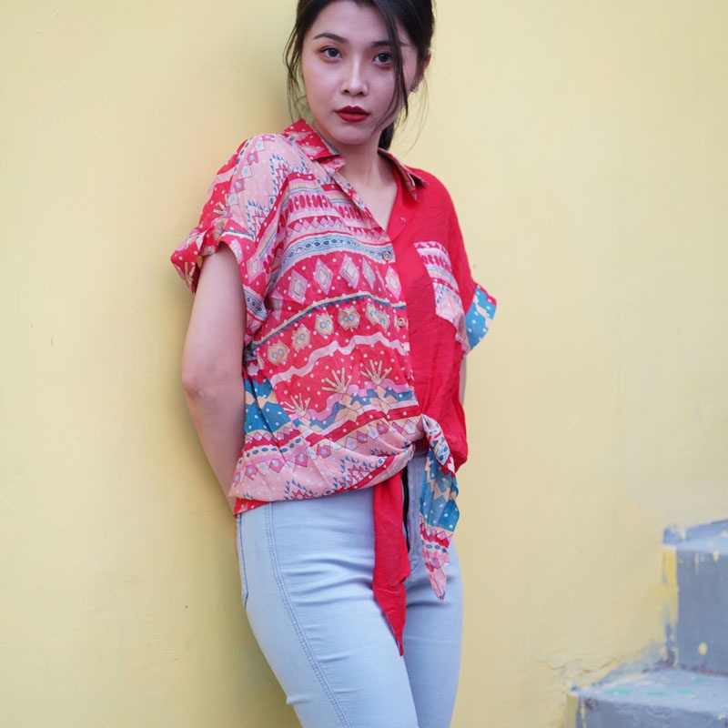 KEMEJA WANITA 2022 BARU CHIFFON TEMPERAMENT SPLICING POCKET TREND SHIRTS KEMEJA MOTIF WANITA KEMEJA POLOS