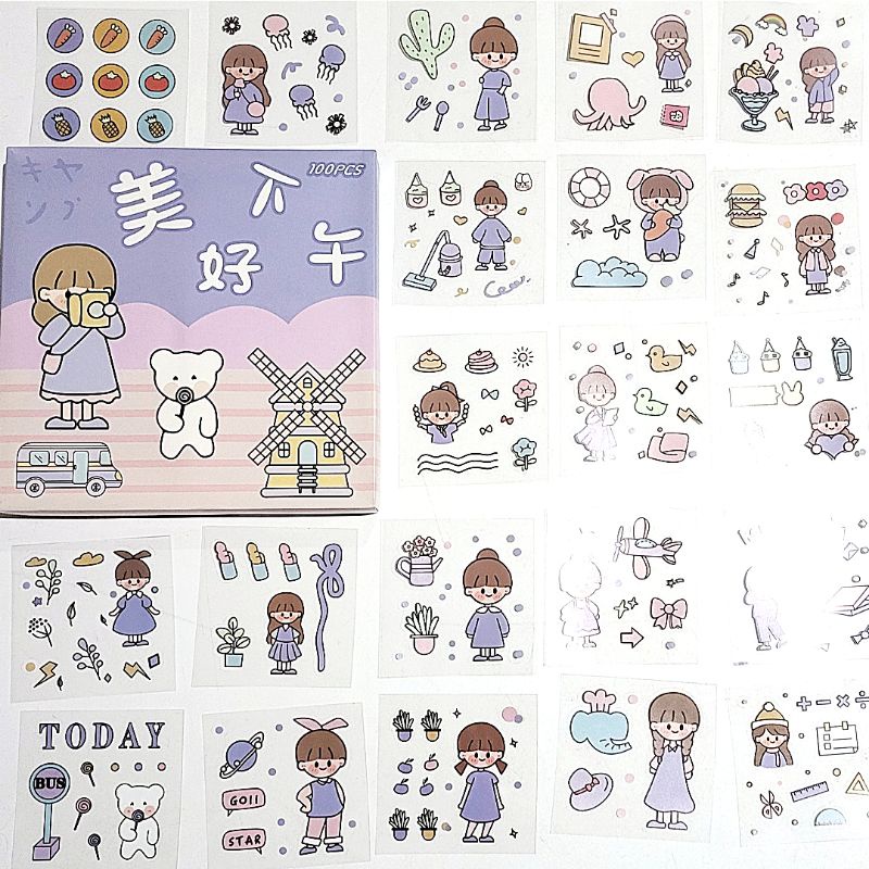 STIKER MOMO STIKER MOTIF KARTUN 100 LEMBAR VARIAN WARNA PURPLE STIKER KOREA WATERPROOF STIKER BOTOL 1BOX ISI 100 LEMBAR