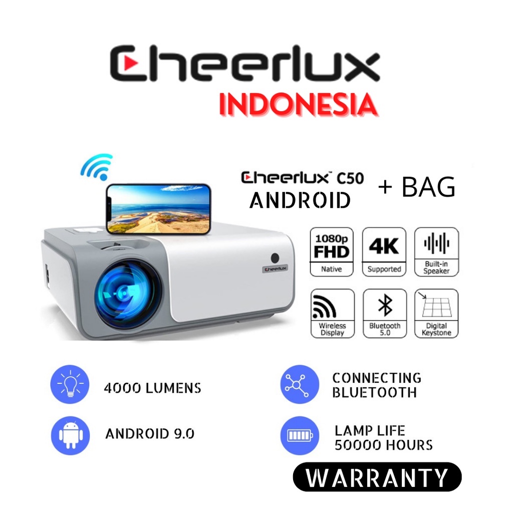 CHEERLUX INDONESIA | CHEERLUX C50 ANDROID WIFI | C50 | PROYEKTOR BLUETOOTH | CHEERLUX C50 | WIFI ANDROID