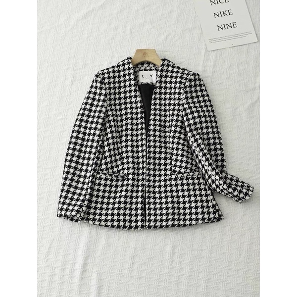 Blazer Houndstooth / Baju Outer Blazer Black Import