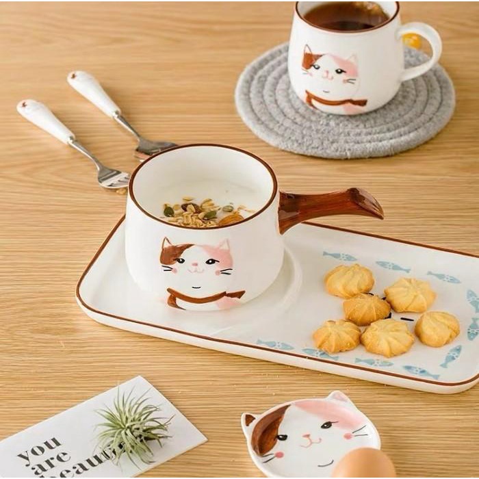 1 SET PIRING MANGKOK DAN MANGKOK KERAMIK MOTIF KUCING/CAT LOVERS