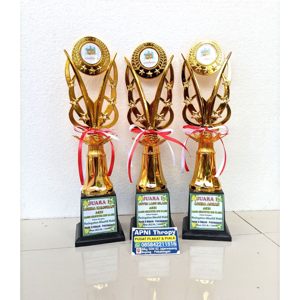 Jual Piala Set Lomba Juara 1 2 3 Trophy Lengkap Stiker Pita Merah