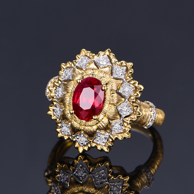 Goldkingdom Perhiasan Fashion 24K Bangkok Aksesoris Ready Stock Teknologi Ukir Emas Asli Kadar 375 Burung Merpati Cincin Permata Merah Dua Warna Emas Asli Kadar 375 Dan Berlian Merah Cincin Gambar Tangan