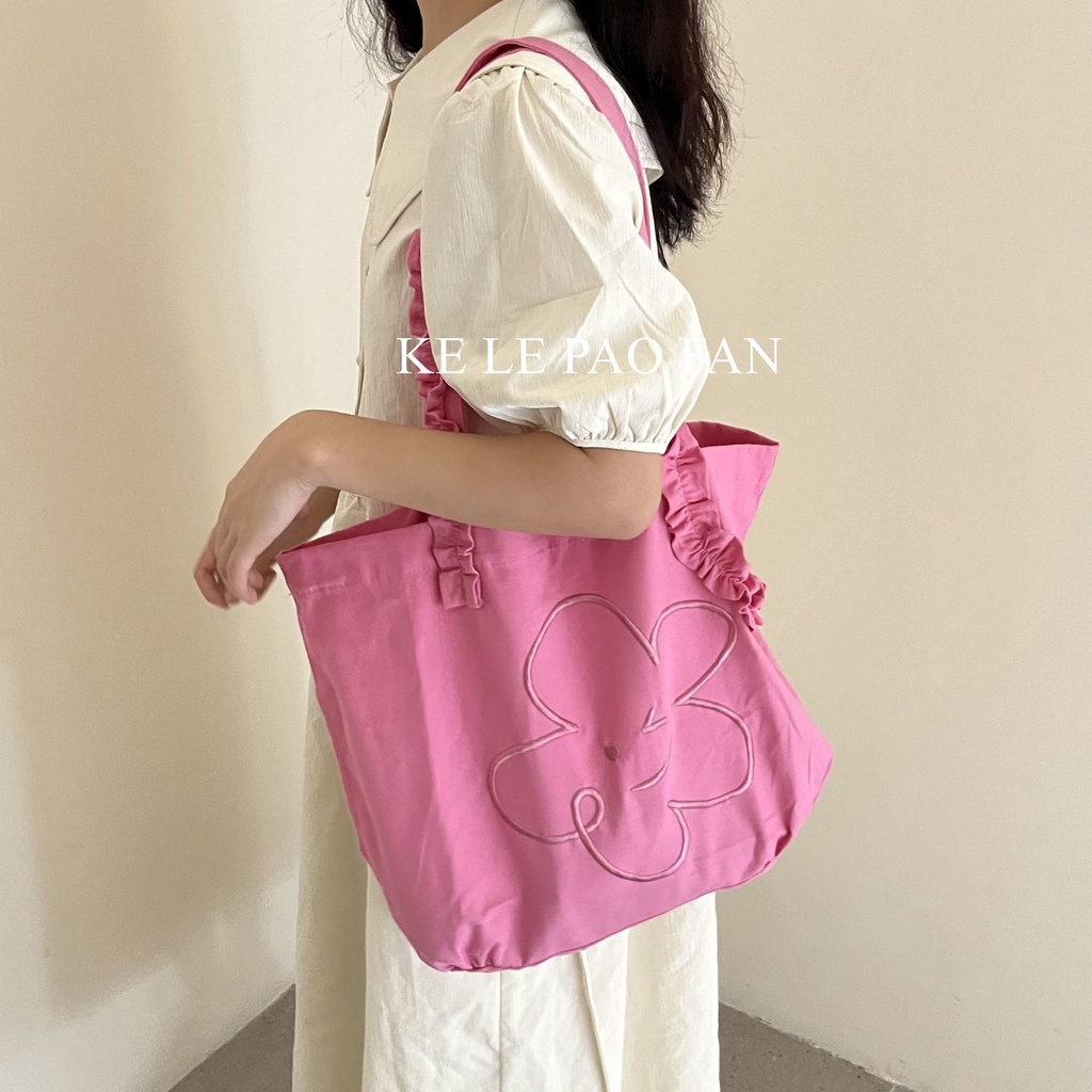 ❃Jepang Hantu Kuda Gadis Floret Wink Bordir Tas Kanvas In Niche Lipit Desain Tas Bahu Kapasitas Besar