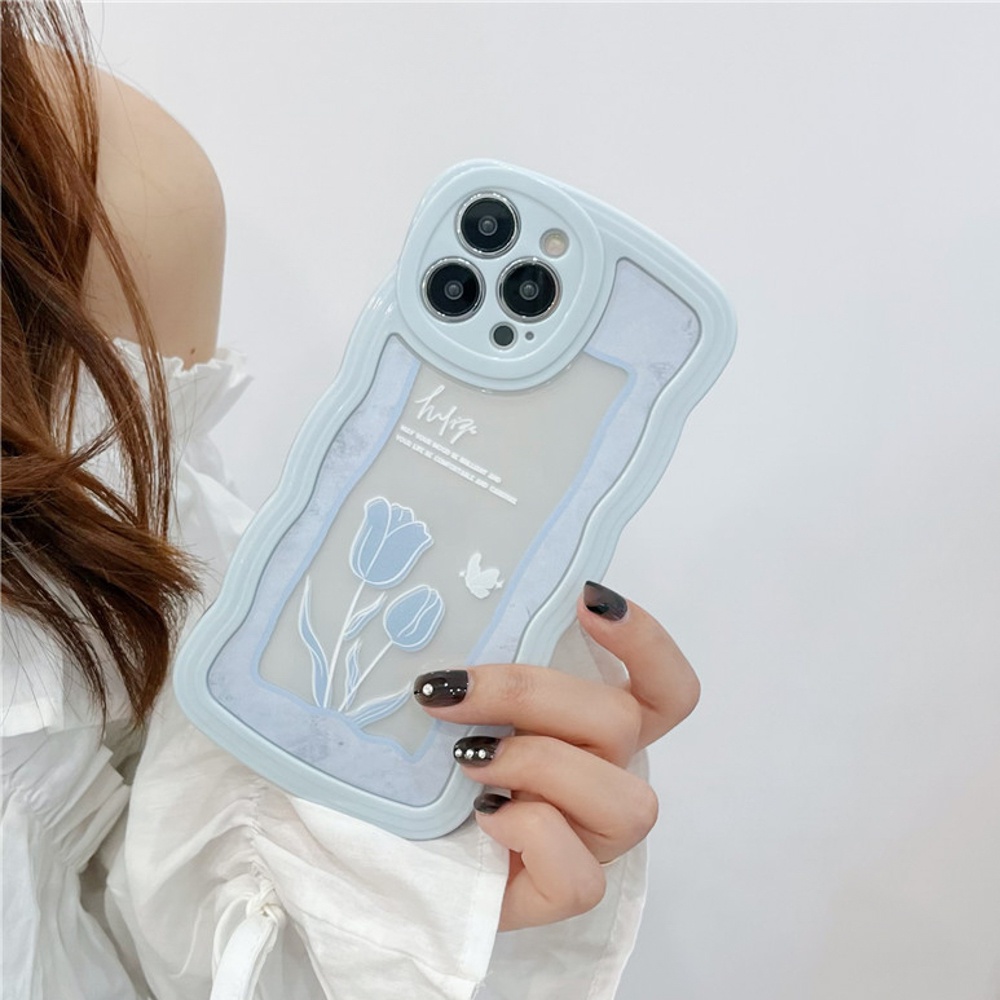 Soft Case Motif Bunga Tulip Biru Untuk 14 13 12 11 Pro Max 7 8 Plus XR X XS Max SE 2020 2022