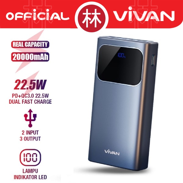 VIVAN VPB-C20 Powerbank 20000 mAh 3 Output Fast Charging 22.5W PD QC