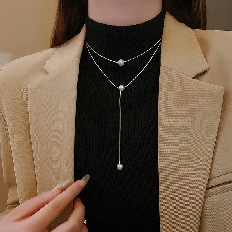 Kalung Choker Model Rumbai Panjang Double layer Aksen Mutiara