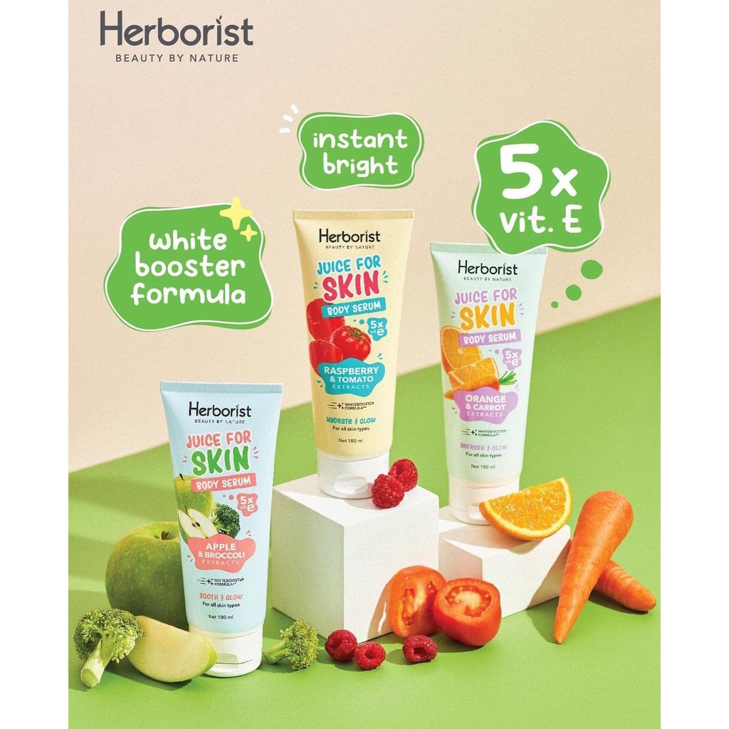Herborist Juice For Skin Body Serum - 180ml | Body serum Raspberry &amp; Tomato || Apple &amp; Broccoli || Orange &amp; Carrot Ori BPOM