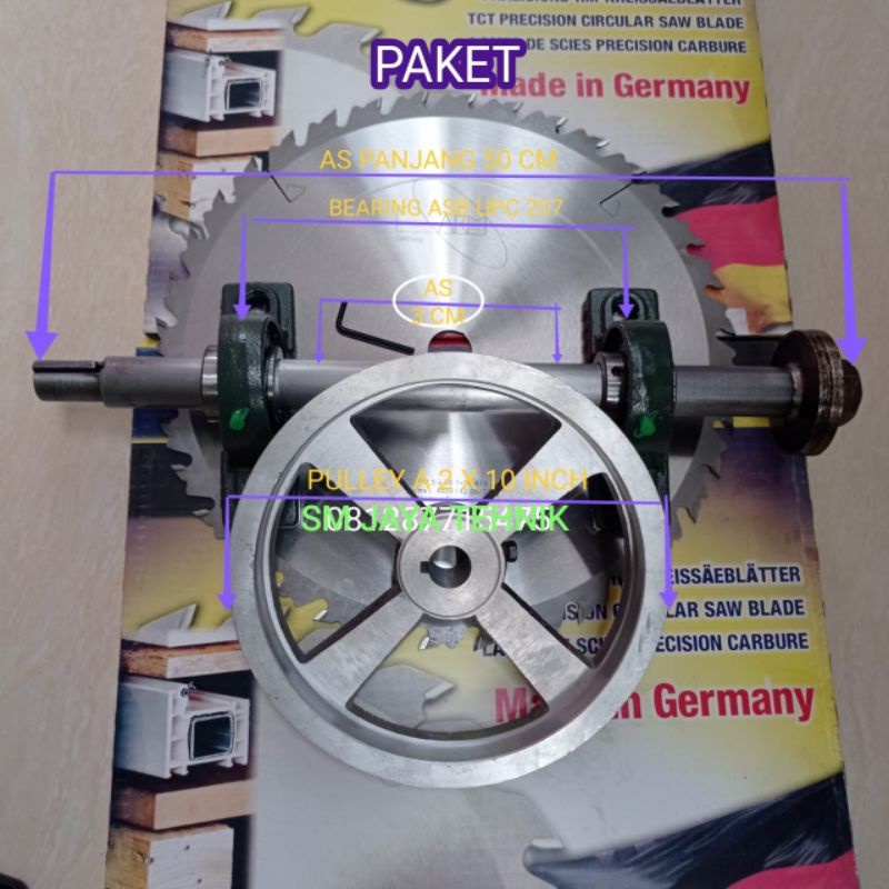 Paket gergaji serkel circle circular saw AKM TCT 24IN 24 T+ As 50 cm x3 cm+ bearing upc 207 + pulley