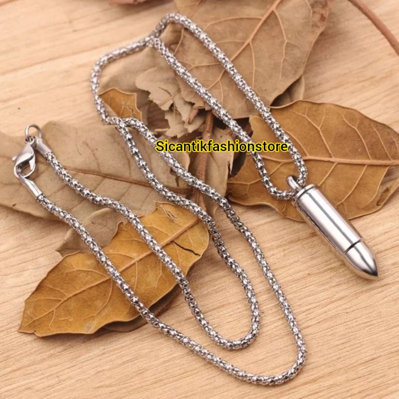 Kalung Titanium Plus Liontin Peluru Fashion Pria Terlaris Anti Karat Selamanya Kalung Pria Bandul Peluru Silver 50CM Perak Silver 925