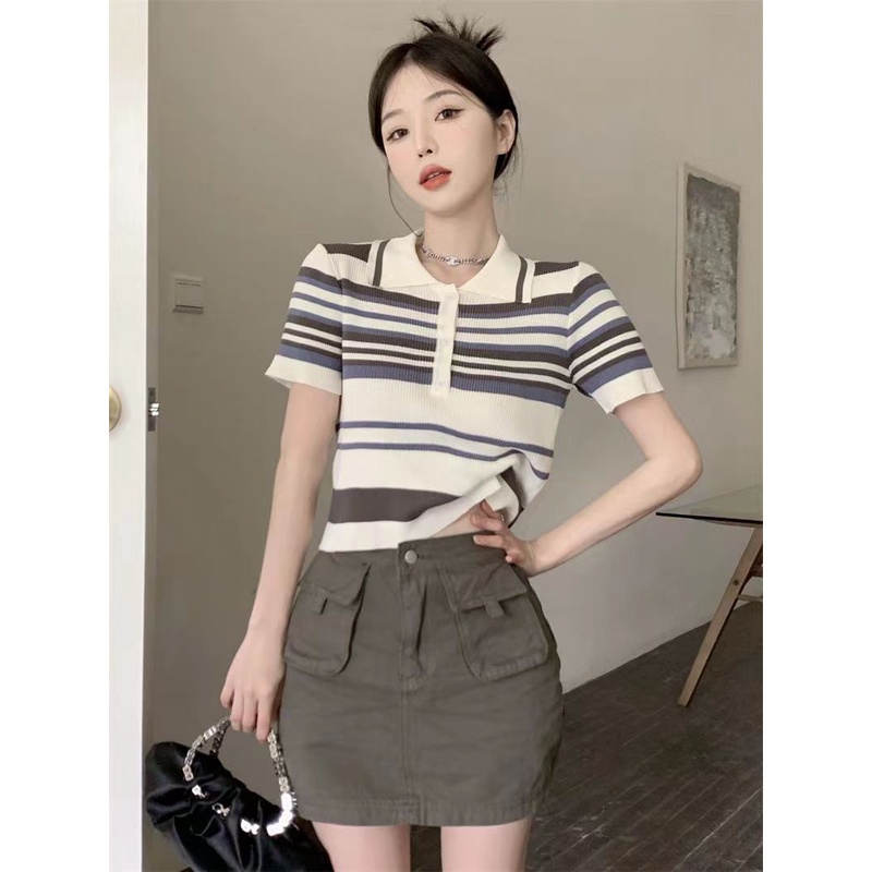 YIU YIU Rajut - Korean Atasan Rajut Stripe Wanita Lengan Pendek