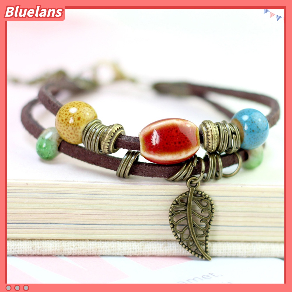 Gelang Tali Kulit Imitasi Lapisan Ganda Hias Manik-Manik Daun Keramik Gaya Bohemian Untuk Wanita