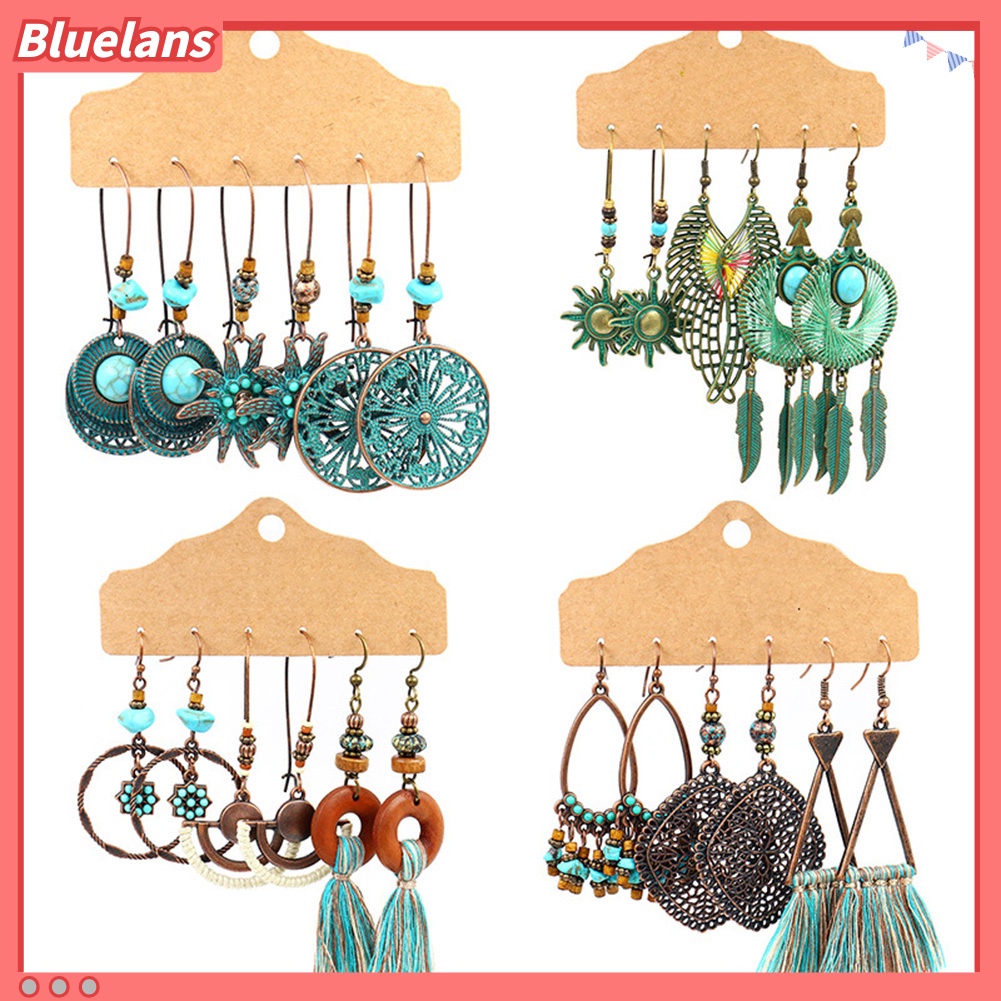 Bluelans 3 Pasang / Set Anting Kait Gantung Desain Geometri Bulat + Rumbai Gaya Vintage Untuk Wanita