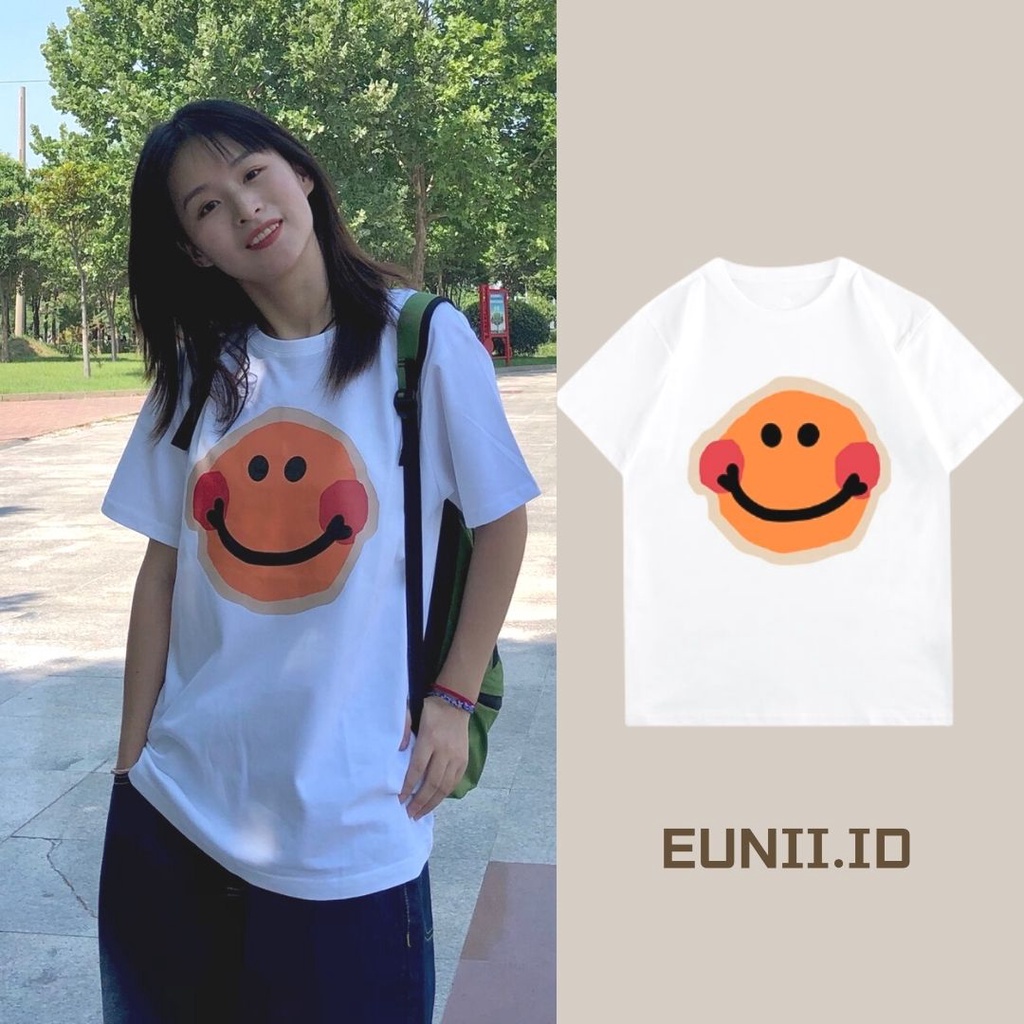 EUNII T-shirt Lengan Pendek Tersenyum Pencetakan Longgar Korean Style/Kaos Atasan Wanita/Baju Kaus Oversize Wanita