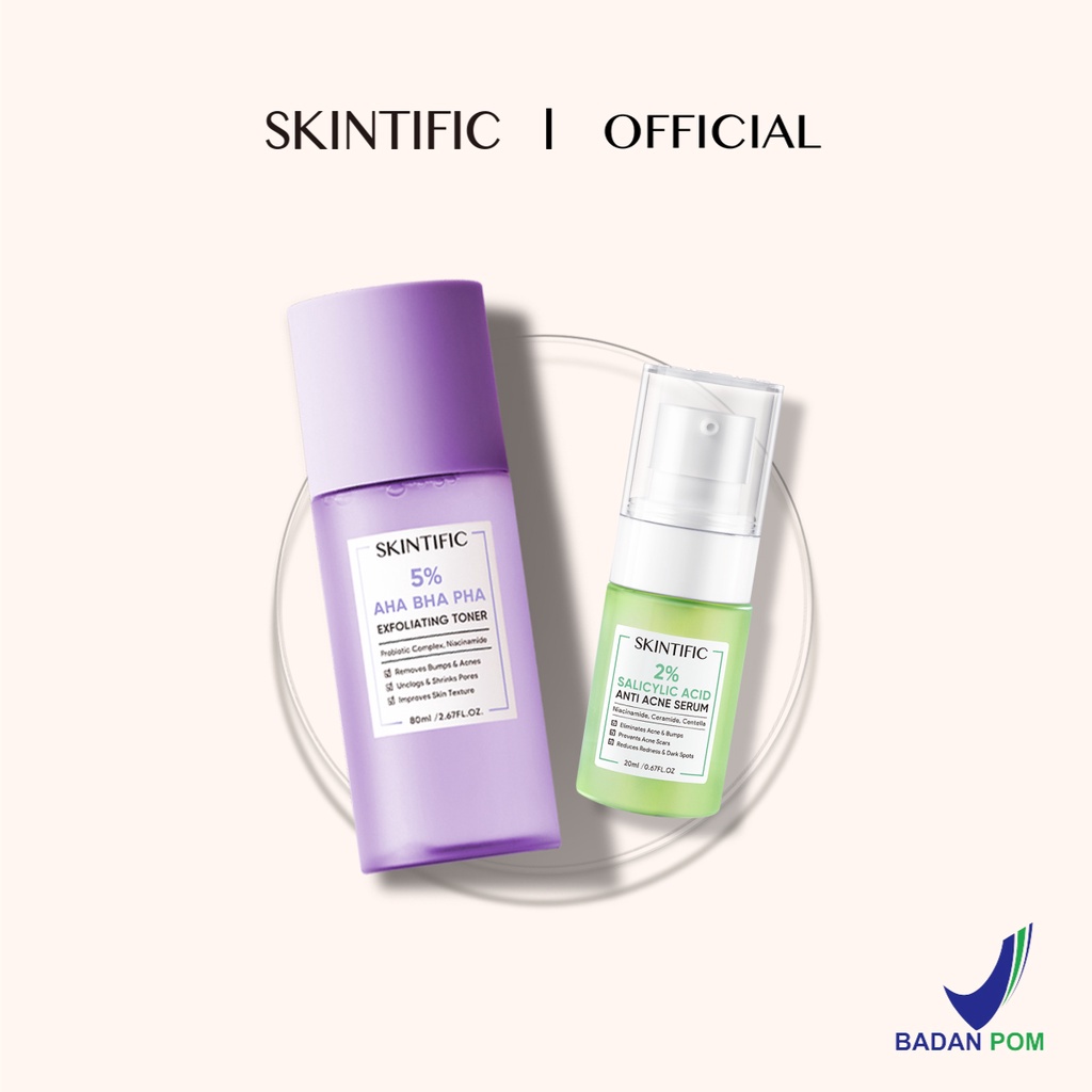 SKINTIFIC 2pcs Set | 5% AHA 5%BHA 1% PHA Exfoliating Toner 80ml + 2% Salicylic Acid Anti Acne Serum 20ml