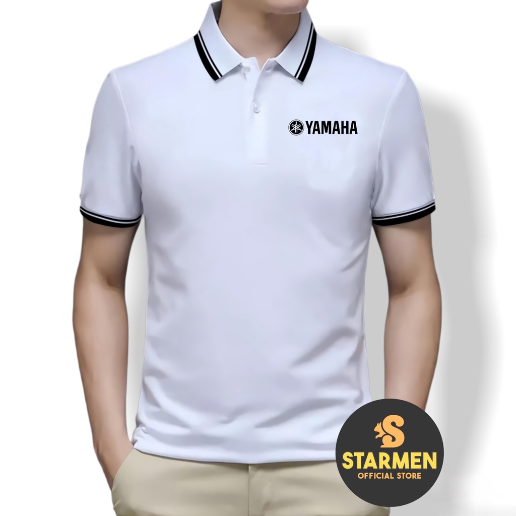 Kaos Polo Shirt Pria Kerah List Putih Logo YAMAHA