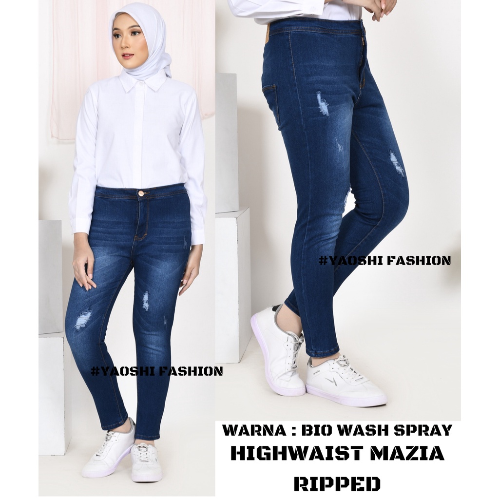 YAOSHI -CELANA PANJANG DENIM/JEANS PINGGANG TINGGI WANITA - Highwaist Denim Mazia Ripped - Bahan  Super Good Quality SIZE 31-34