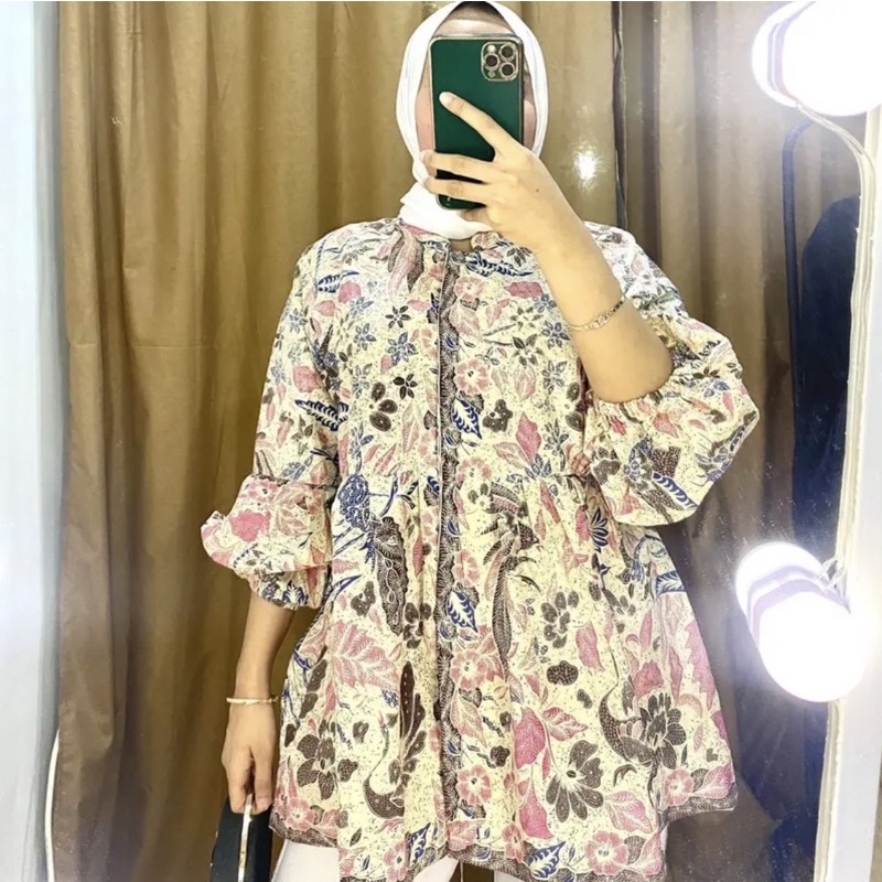 BLOUSE WANITA MOTIF KEMBANG TABUR PINK PUTIH BAHAN KATUN PREMIUM