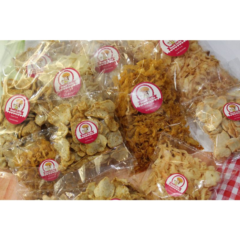 

keripik singkong, basreng, usus, makaroni, ubi ungu kemasan 100 g