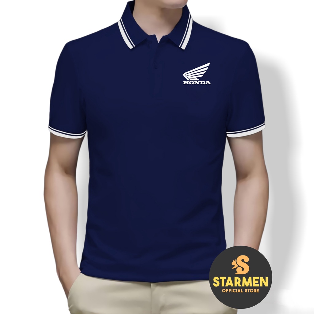 Kaos Polo Shirt Pria Kerah List Putih Logo HONDA